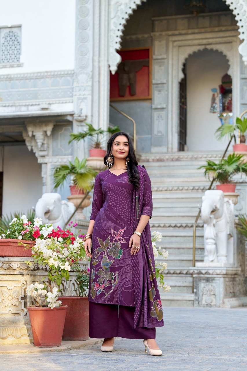 Lorenvalley Wine Roman Silk Floral Print With Beets Handwork Kurta Set | Swadesiicart