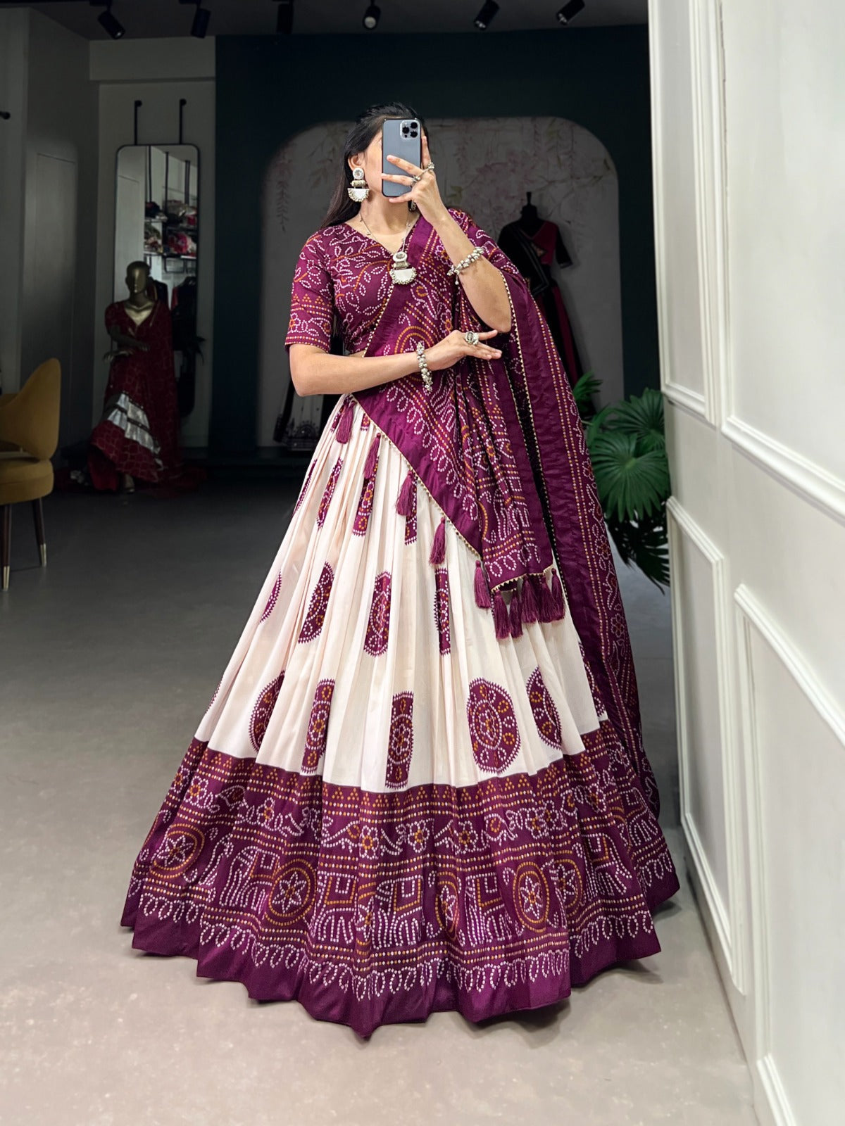 Lorenvalley Wine Tussar Silk with Bandhej Print Lehenga Choli | Swadesiicart