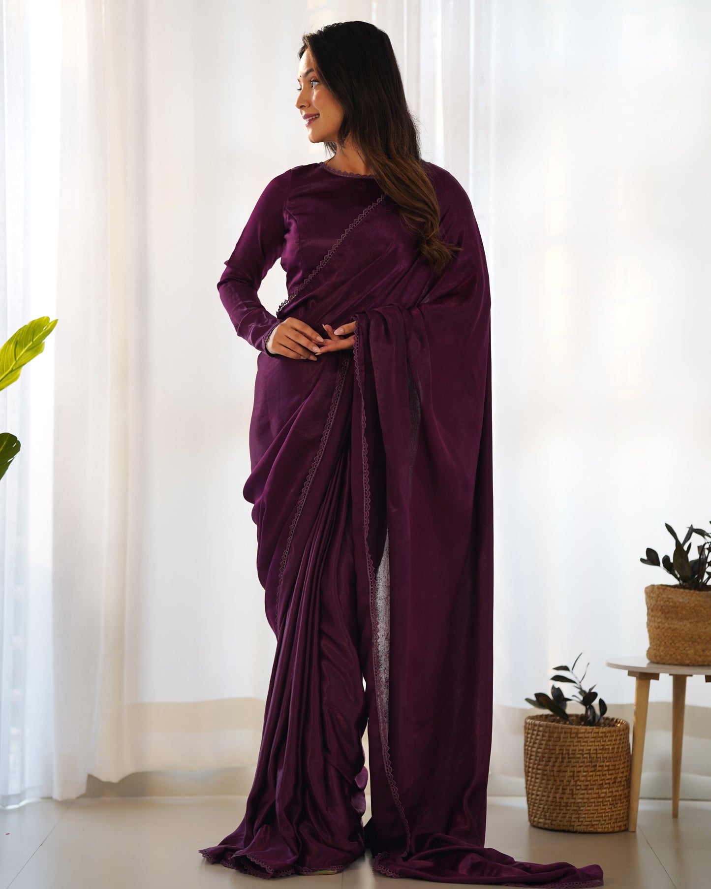 Lorenvalley Ready to wear Premium Quality Marble Velvet Fabric Fancy Boarder Lace Work Predrapped Saree - Purple | Swadesiicart