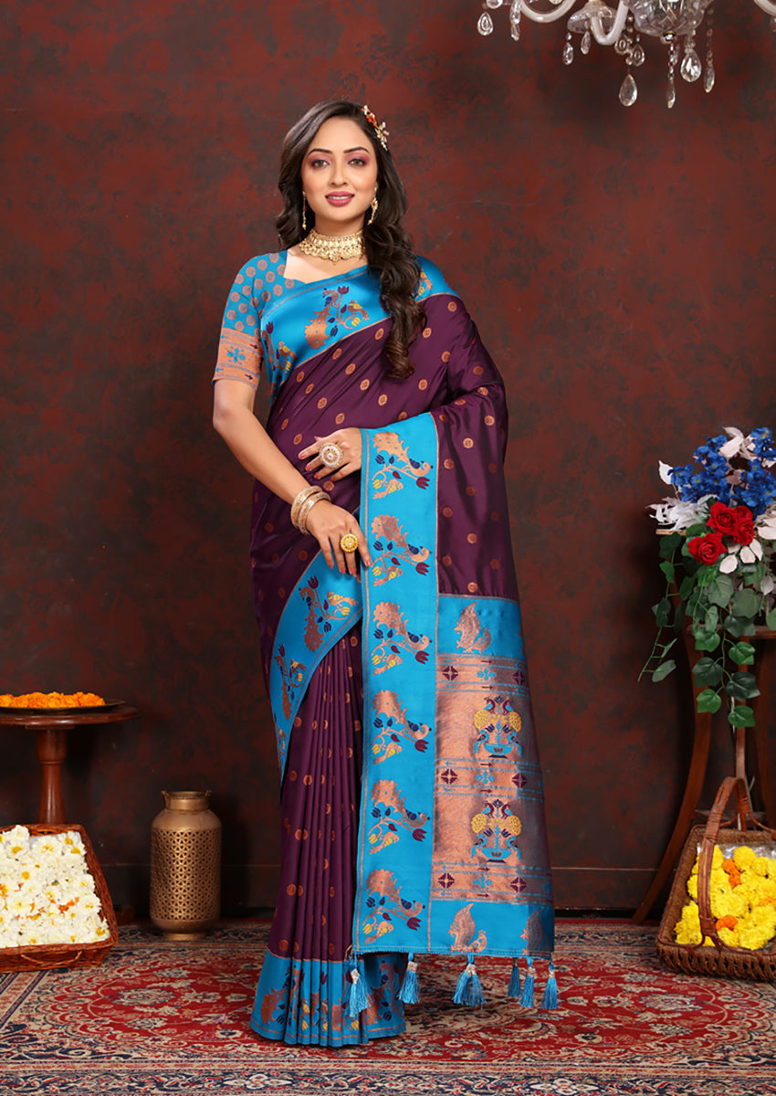Lorenvalley Fashion Wine Soft Paithani Silk Woven Design Rich Zari Meenakari Weaving Saree - Swadesiicart