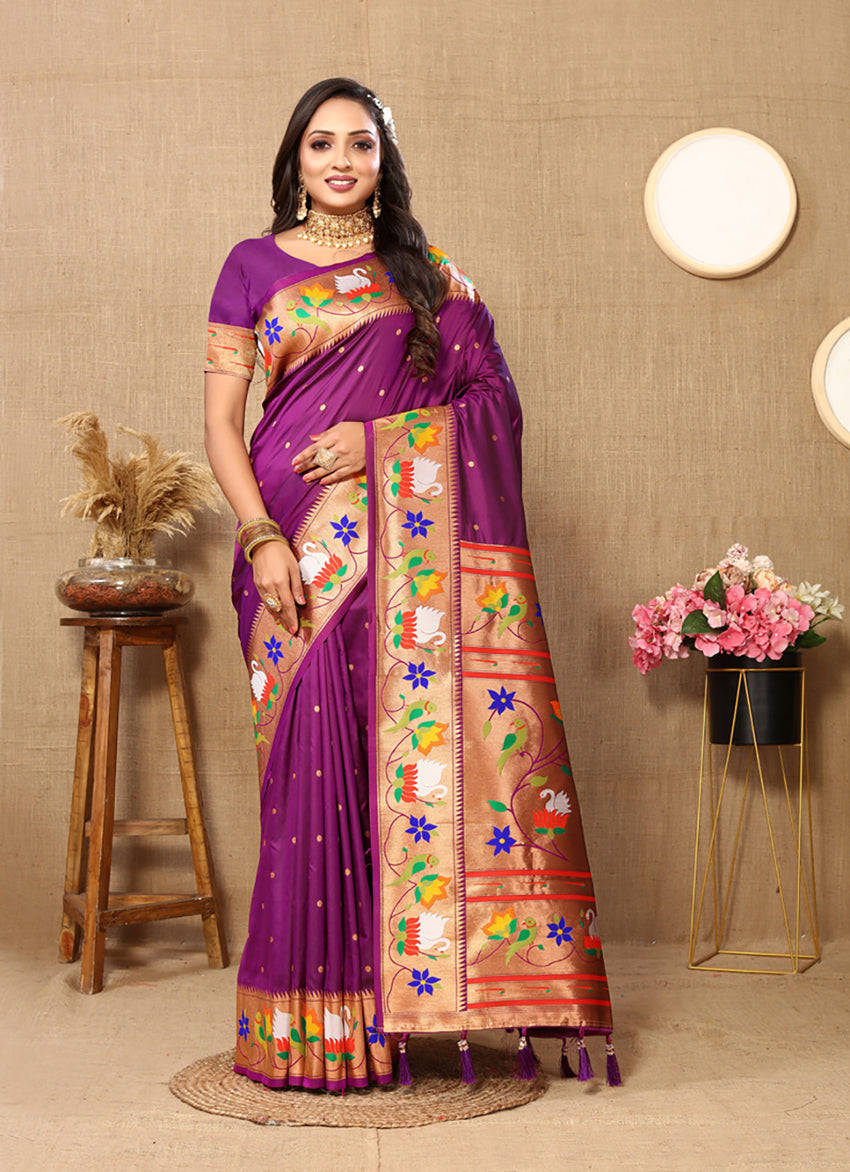 Lorenvalley Fashion Wine Soft Paithani Silk Woven Design Rich Zari Meenakari Weaving Saree - Swadesiicart