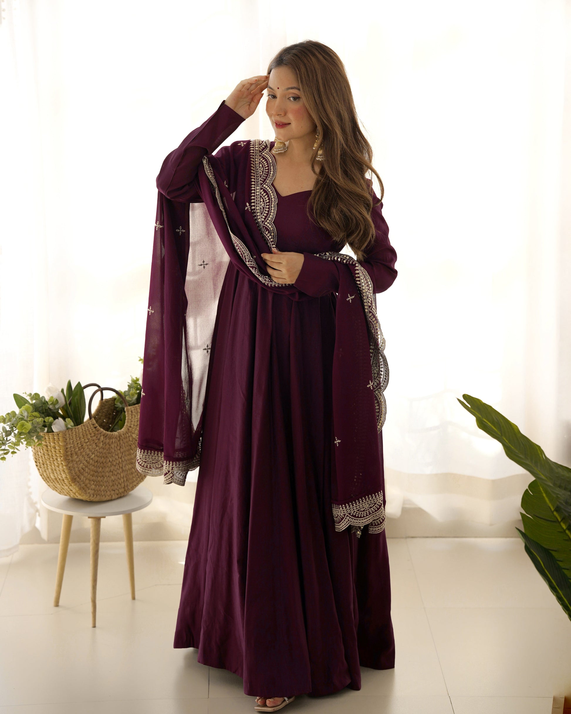 Lorenvalley Mauve Pure Roman Silk Chanderi Fabric Fully Flared Anarkali Pant With Dupatta Set - Wine | Swadesiicart