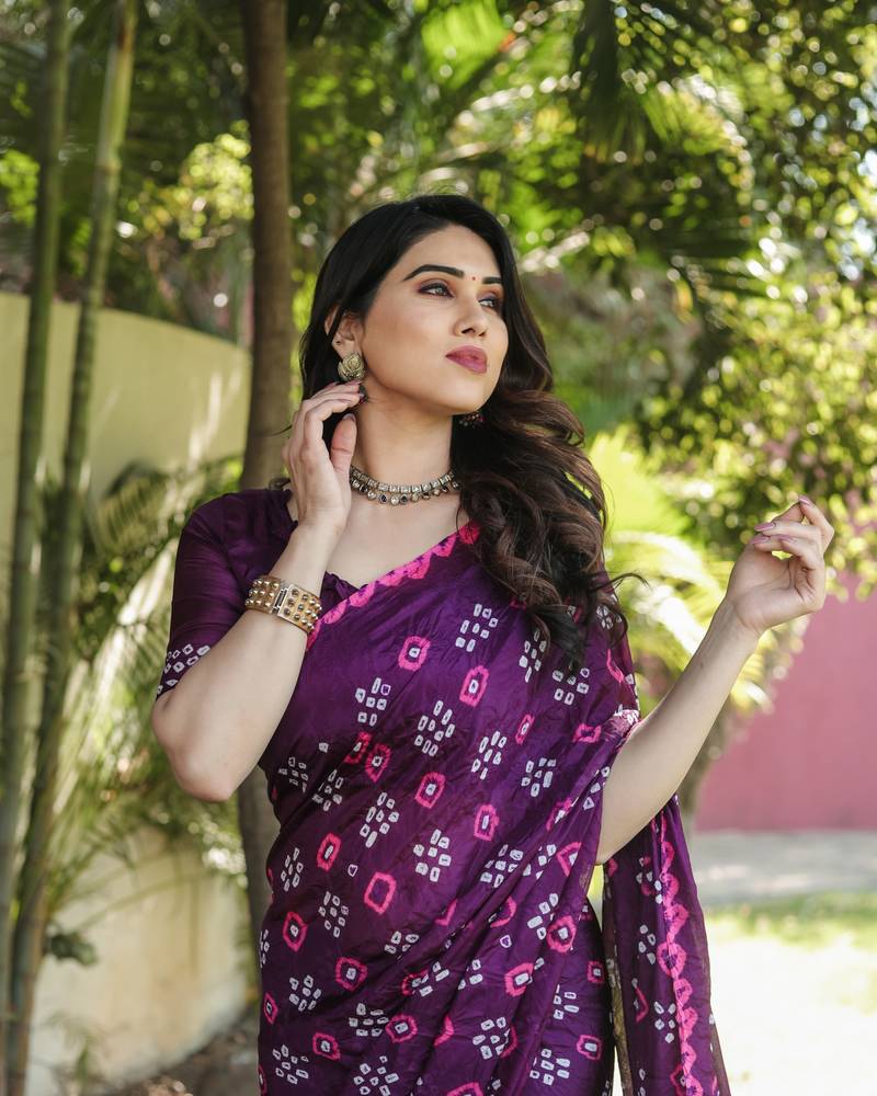 Anaita Wine Woven Design Pure Bandhej Silk Saree With Blouse