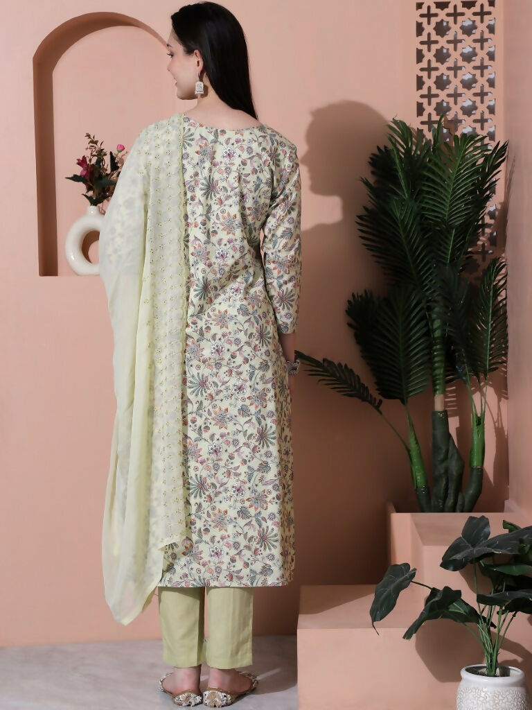 Jyoti Fashion Women's Green Cotton Floral Digital Printed Kurta with Trouser & Dupatta | Swadesiicart