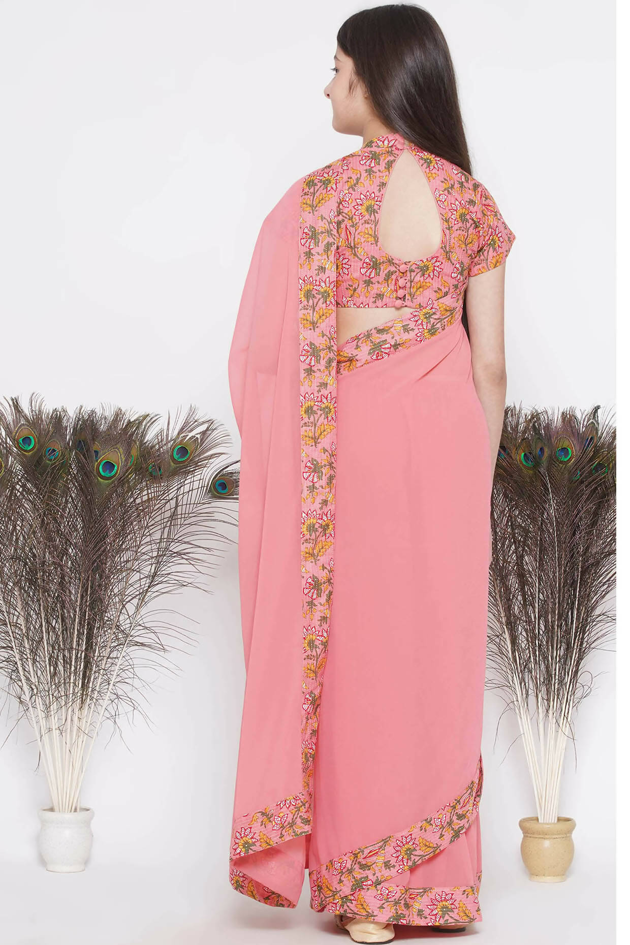 Little Bansi Floral Print Ready To Wear Saree And Floral Blouse - Coral | Swadesiicart