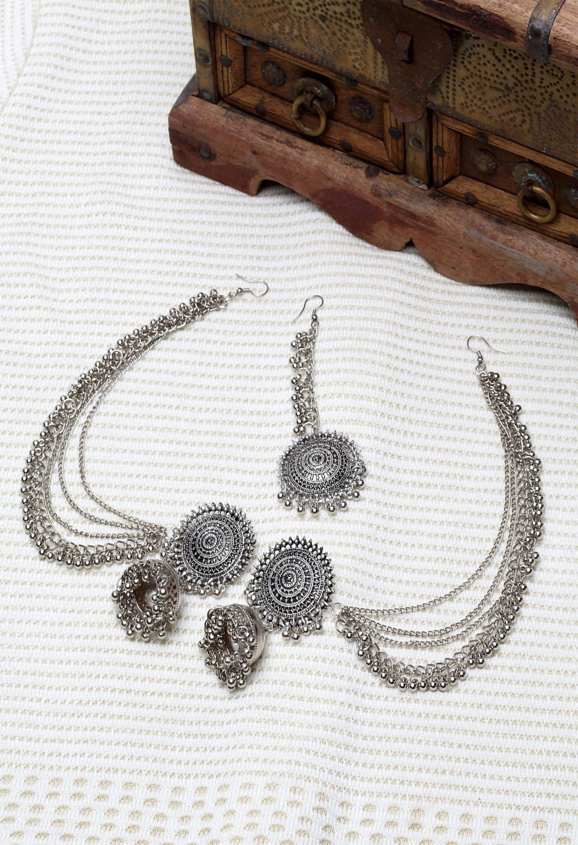 Mominos Fashion Johar Kamal Bahubali Silver Colour Earrings With Tikka - Mominos Fashion