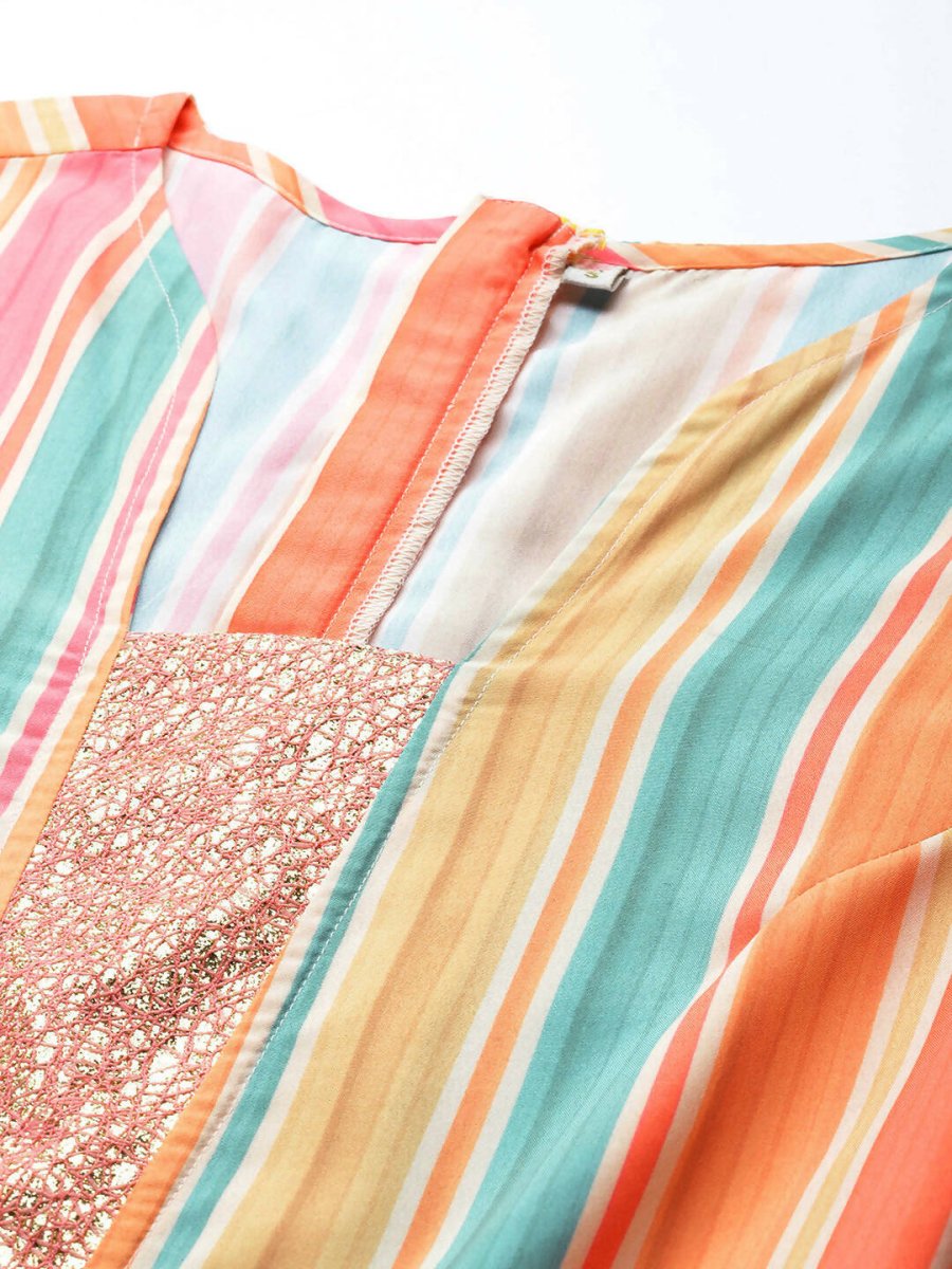 Ahalyaa Coral Orange & Blue Candy Striped Basic Jumpsuit - Swadesiicart