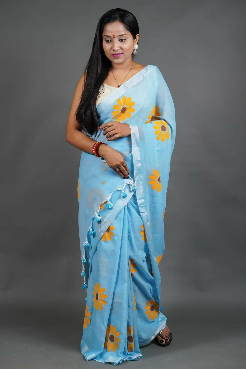 Exclusive Collection Sky Pure Cotton Saree With Sunflower Design - Swadesiicart