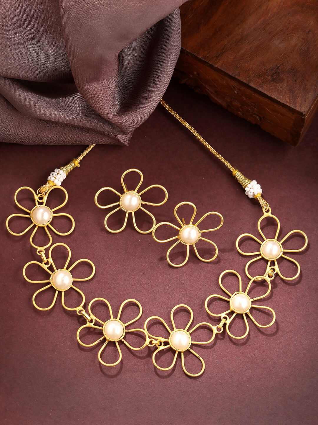 NVR Women's Gold Floral Shape Beaded Handcrafted Jewellery Set - Swadesiicart