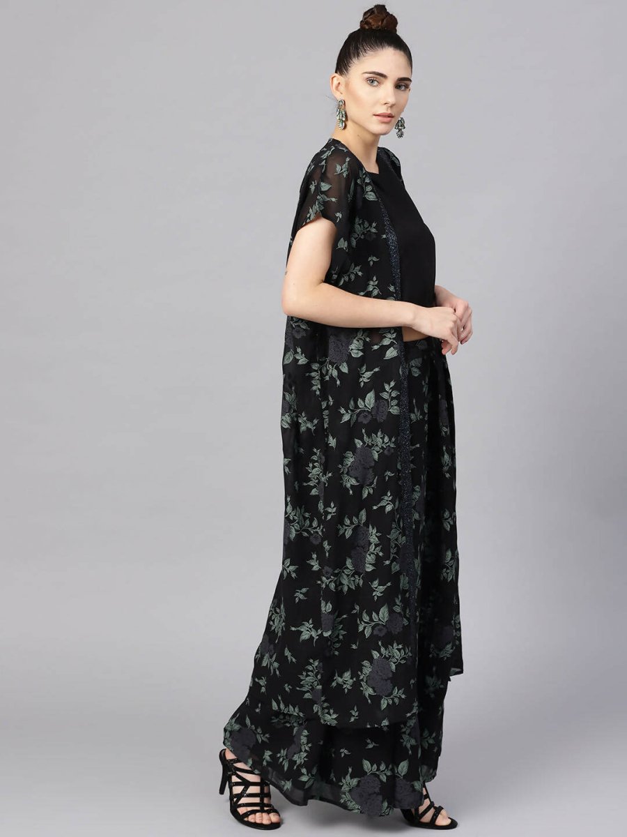 Ahalyaa Black Georgette Crepe Printed Top Palazzo Set With Jacket | Swadesiicart