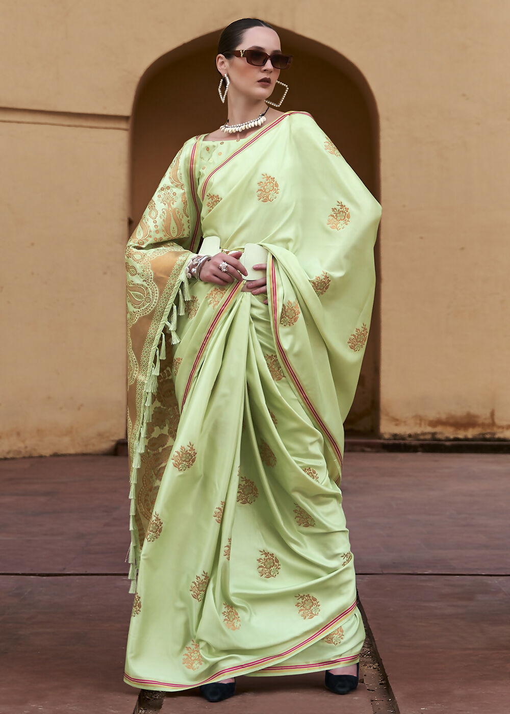 Sprout Green Pure Satin Zari Weaving Wedding Festive Saree - Emponline | Swadesiicart