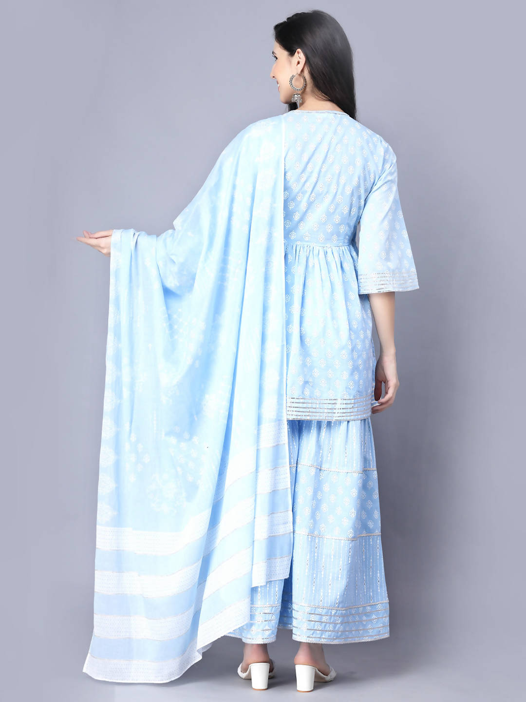 Myshka Cotton Printed 3/4 Sleeve V Neck Turquoise Blue Women Sharara Set | Swadesiicart