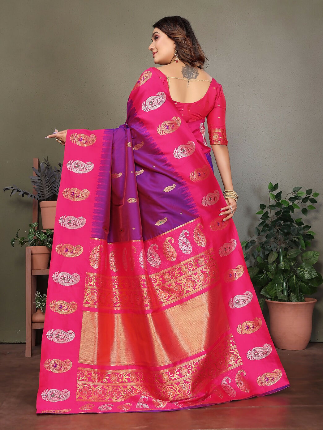 Joban Fashion Banarasi Purple Butti Soft Silk Saree | Swadesiicart