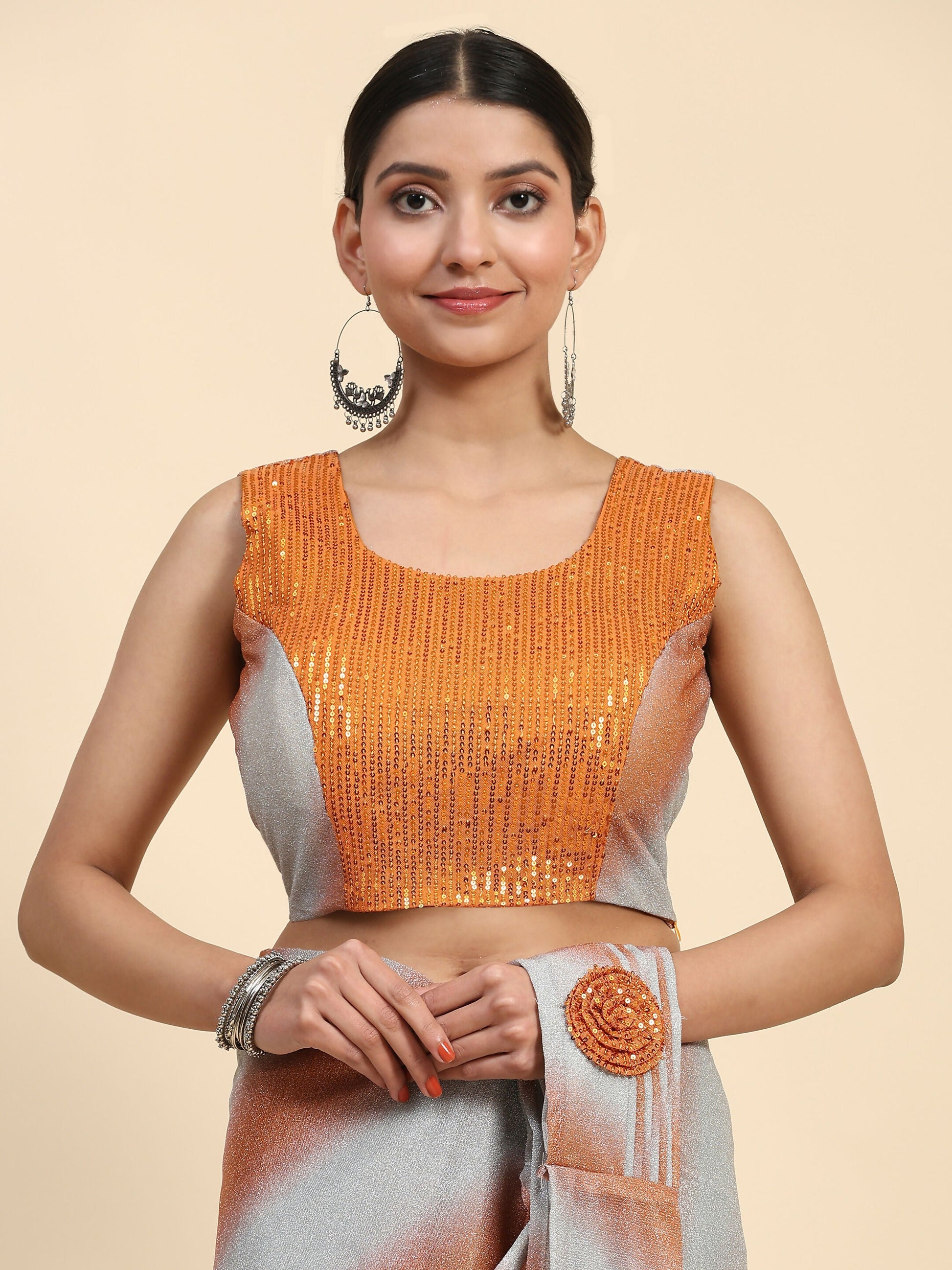 Orange Polyester Solid Ready to Wear Saree with stitched Blouse - Aayan | Swadesiicart