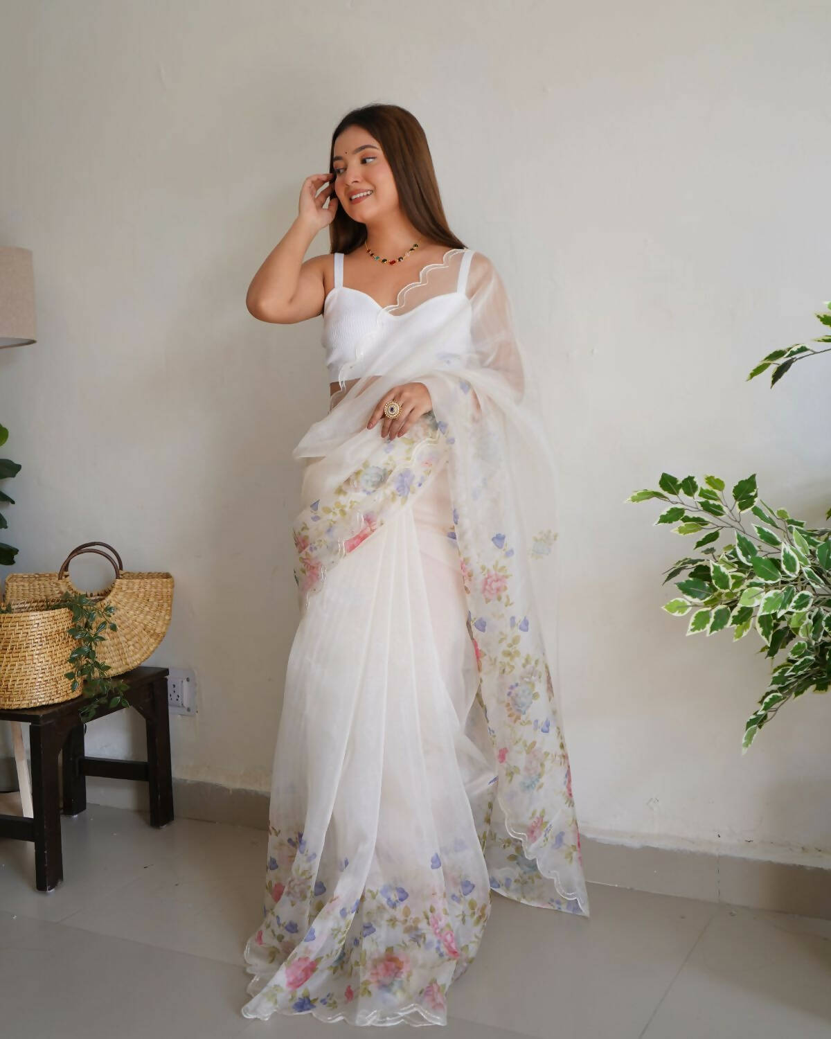 Vamsee White Organza Saree - Swadesiicart