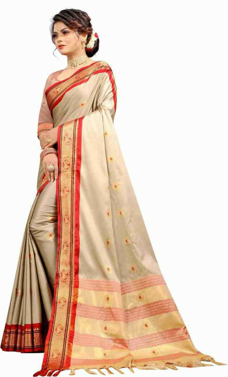 DEIANA'S Beautiful Designer Golden zari Soft Lichi Silk Saree - Cream - Swadesiicart