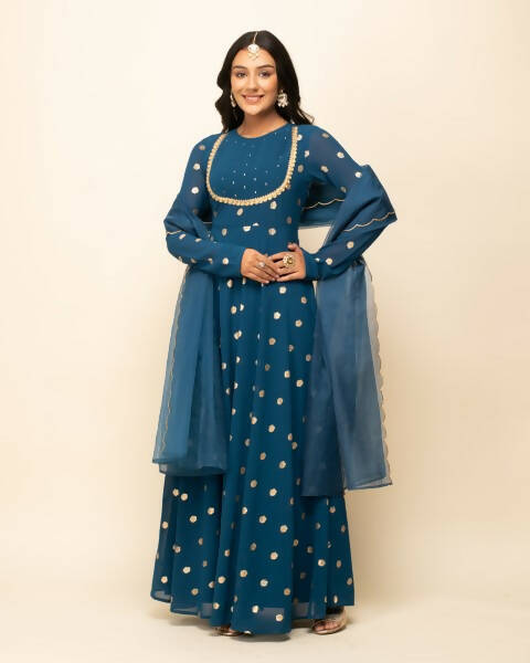 FIORRA Women's Teal Blue Georgette Anarkali Kurta With Dupatta - Swadesiicart