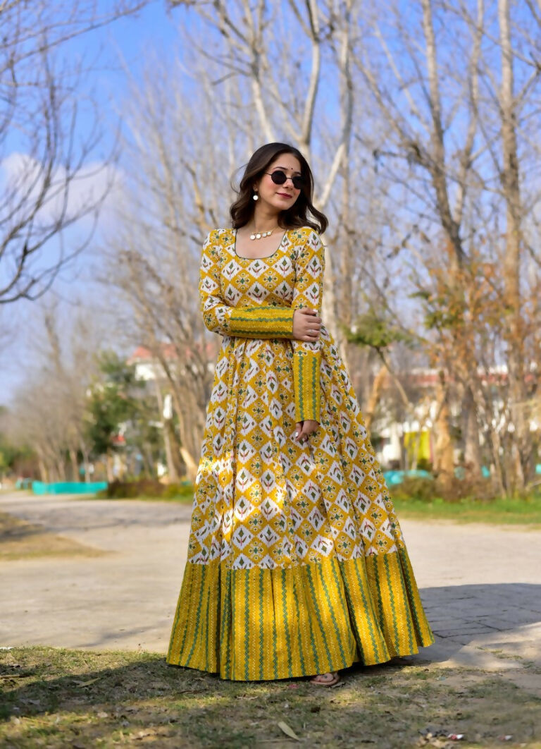 Jyoti Fashion Women's Mustard Heavy Digital Printed Cotton Silk Anarkali Dress | Swadesiicart