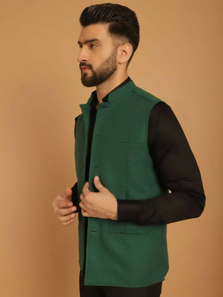 Even Apparels Pure Wool Nehru Jacket - Green | Swadesiicart