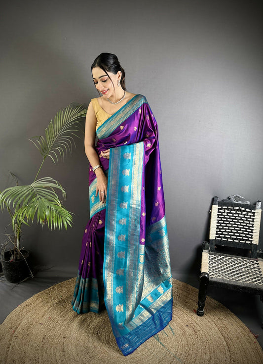 Joban Fashion Purple Banarasi Soft Silk Woven Butti Saree | Swadesiicart