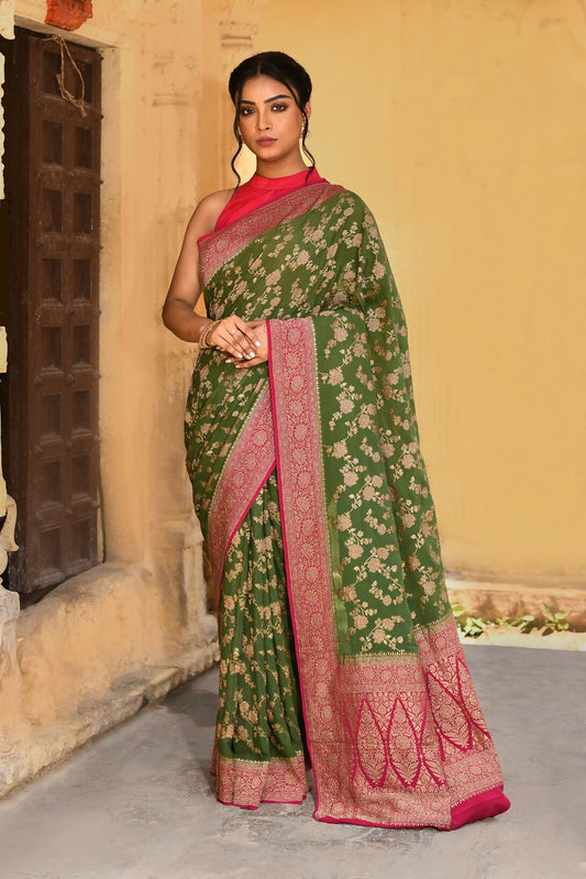 Joban Fashion Green Crepe Chiffon Pure Handloom Banarasi Silk Saree | Swadesiicart