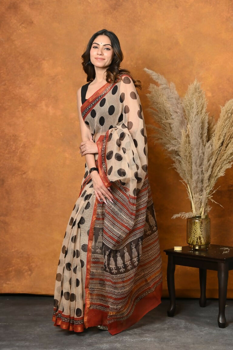 Very Much Indian Handblock Printed Cotton Saree With Natural Dyes - White | Swadesiicart
