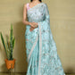 Blue Satin Silk Sequence Embroidered With Stone Work Festive Saree - Nimaya Denzy