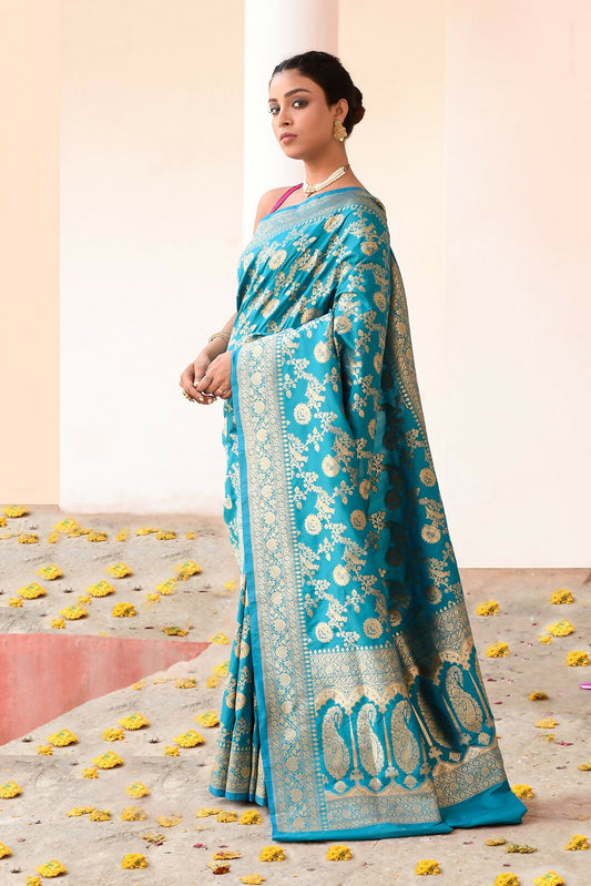Joban Fashion Aqua Soft Pure Handloom Banarasi Silk Saree | Swadesiicart