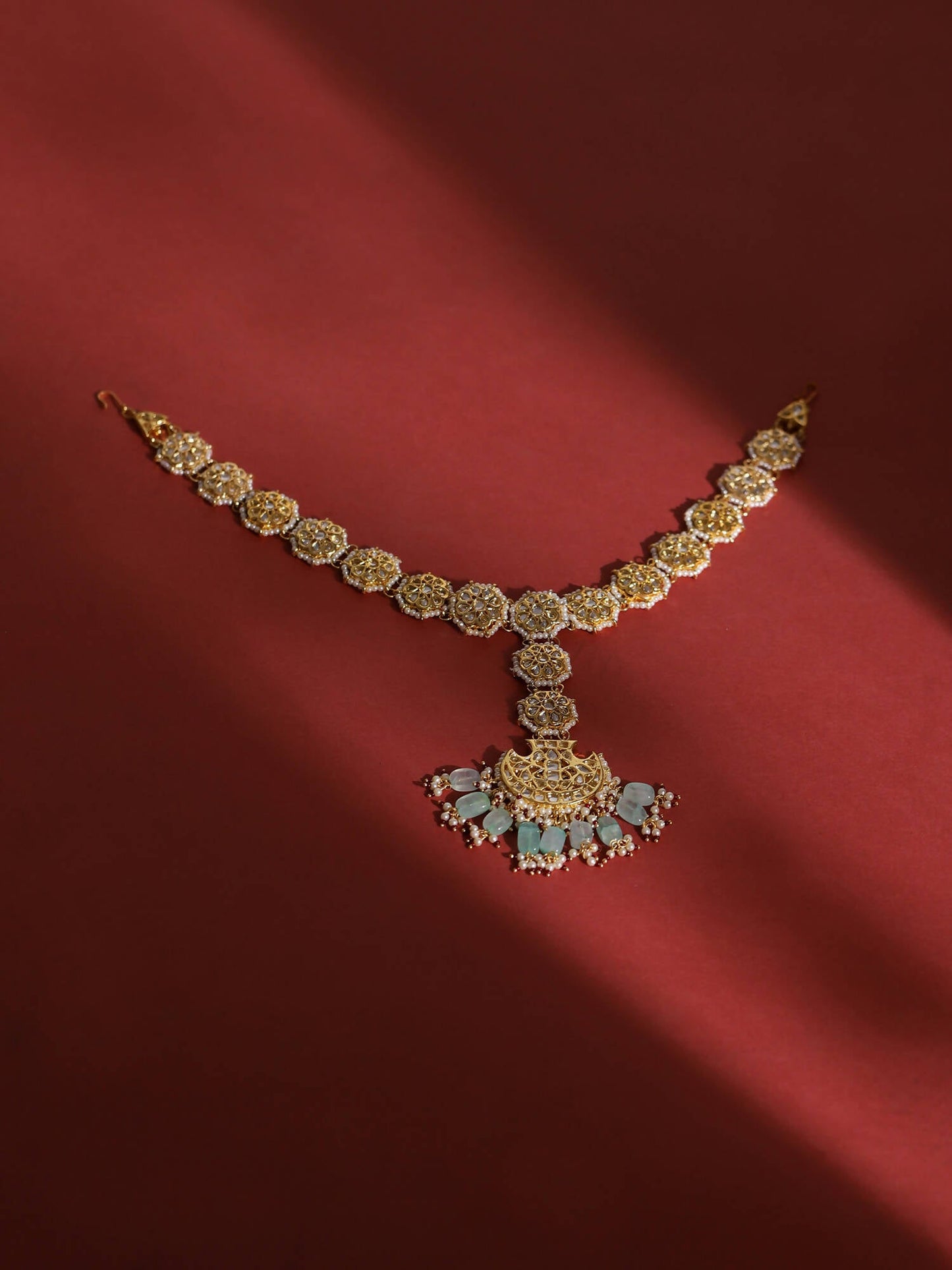 Gold-Polished White Blue Kundan-Studded Pearl Beaded Matha Patti - Ruby Raang | Swadesiicart