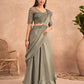 Green Satin Embroidered Ready To Wear Saree With Unstitched Blouse Piece - Nandika | Swadesiicart