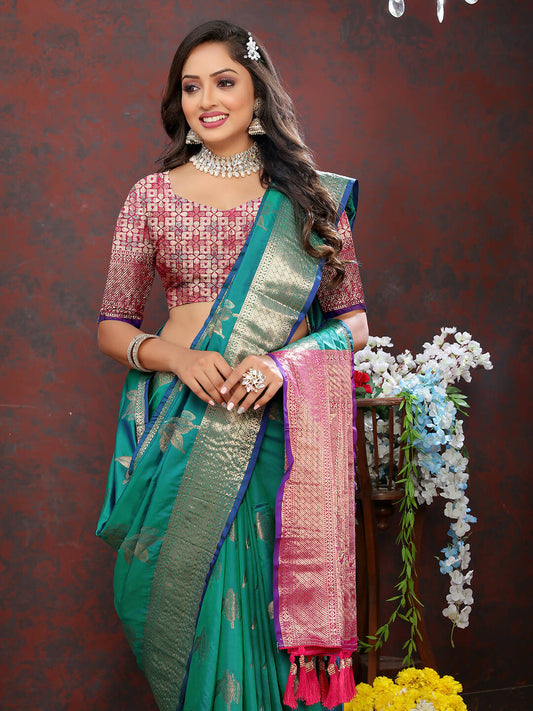 Lorenvalley Fashion Teal Soft Silk Woven Design Zari Weaving Saree - Swadesiicart
