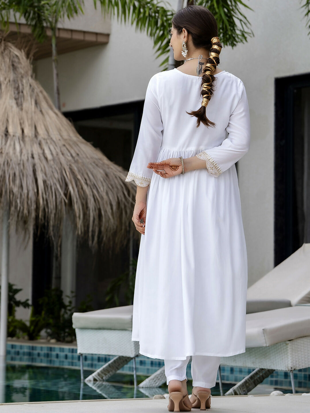 The52 White Women's Gorgeous Embroidered Chanderi Fabric Straight Kurta, Pant and Dupatta Set - Swadesiicart