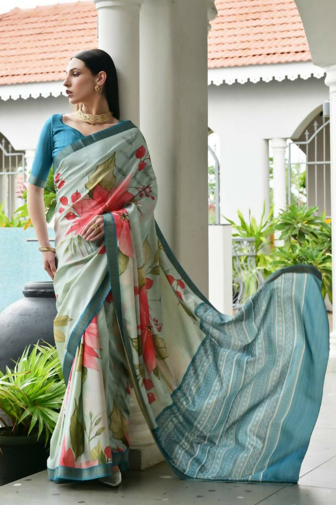 Vishnu Weaves Women's Firozi Satin Silk Printed Saree with Blouse - Swadesiicart