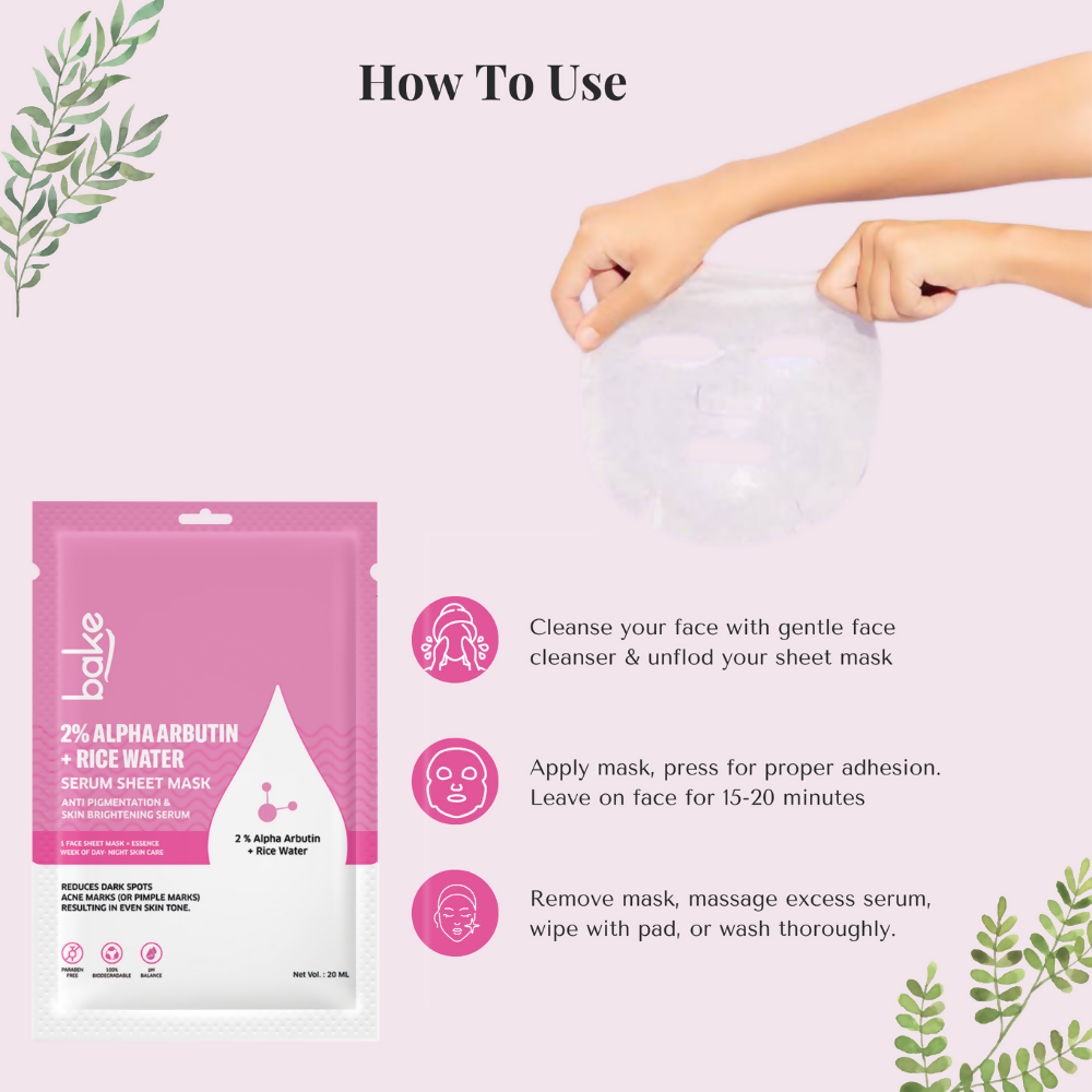 Bake 2% Alpha Arbutin + Rice Water Serum Sheet Mask | Swadesiicart