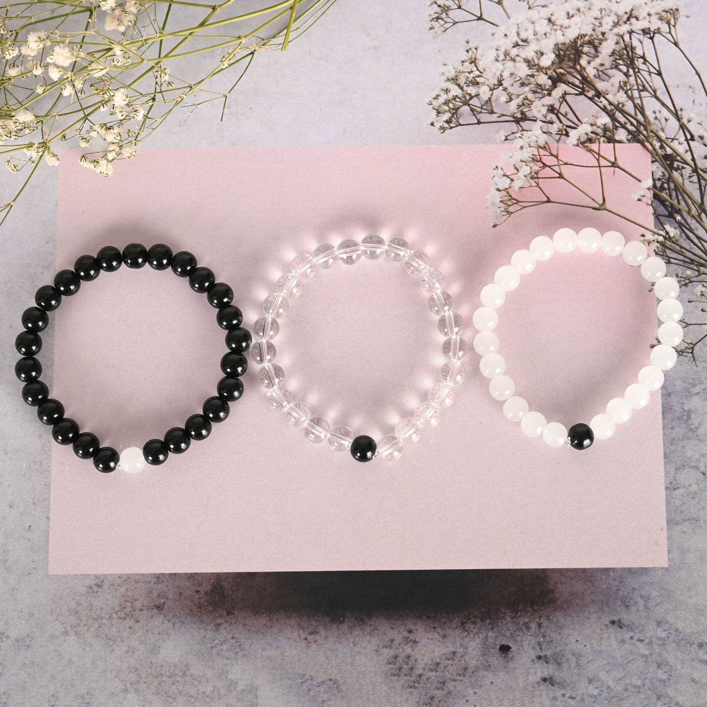 NVR Men & Women Transparent & White & Black Marbel Crystal Elasticated Bracelet - Swadesiicart