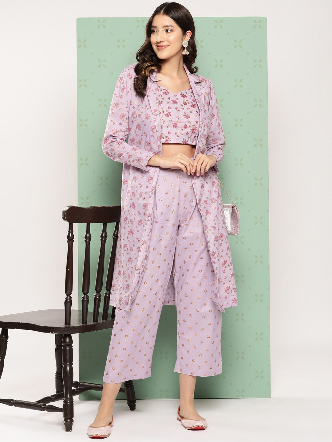 Yufta Women Printed Cotton Top with Trousers with Shrug - Swadesiicart
