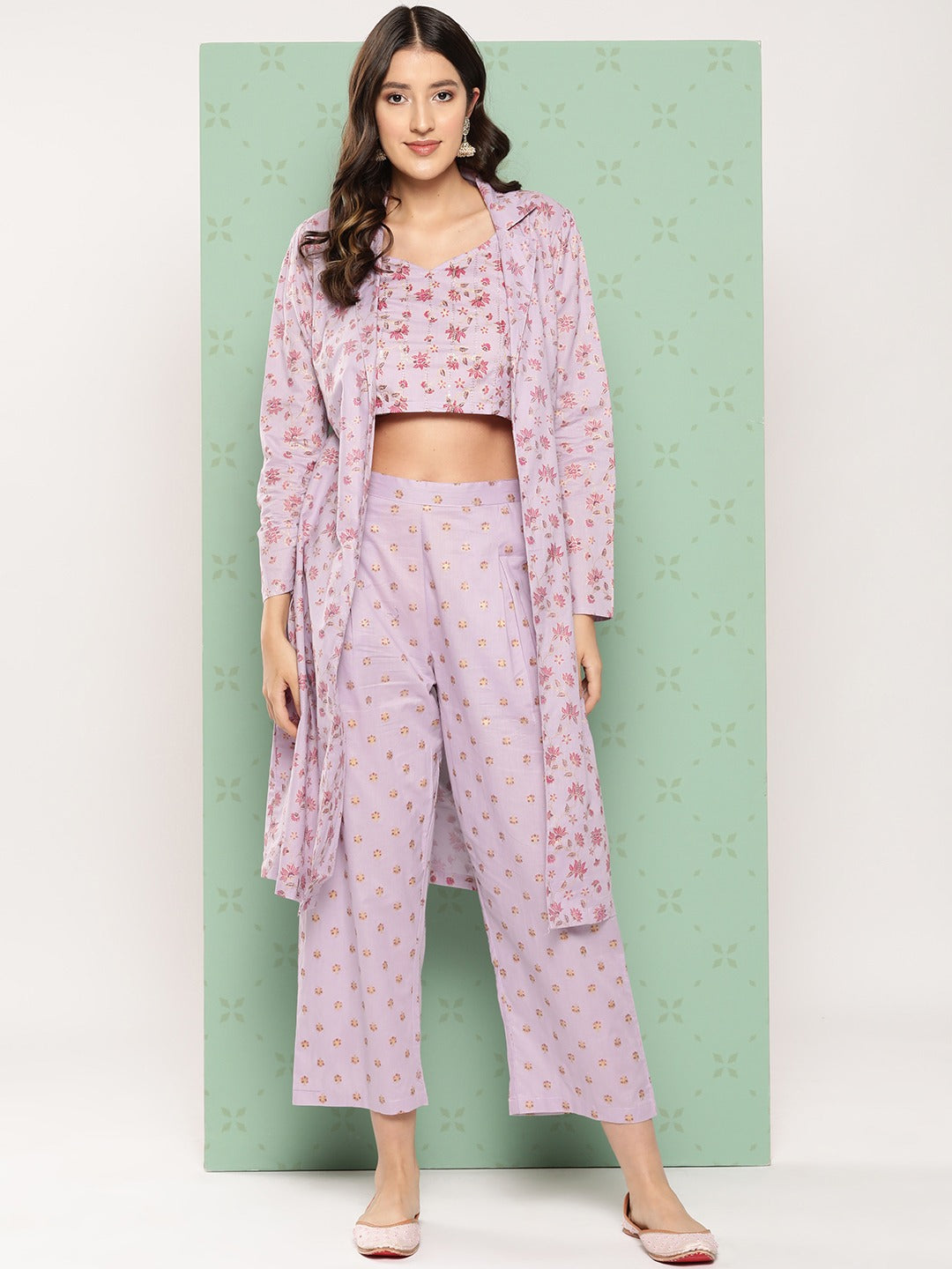 Yufta Women Printed Cotton Top with Trousers with Shrug - Swadesiicart