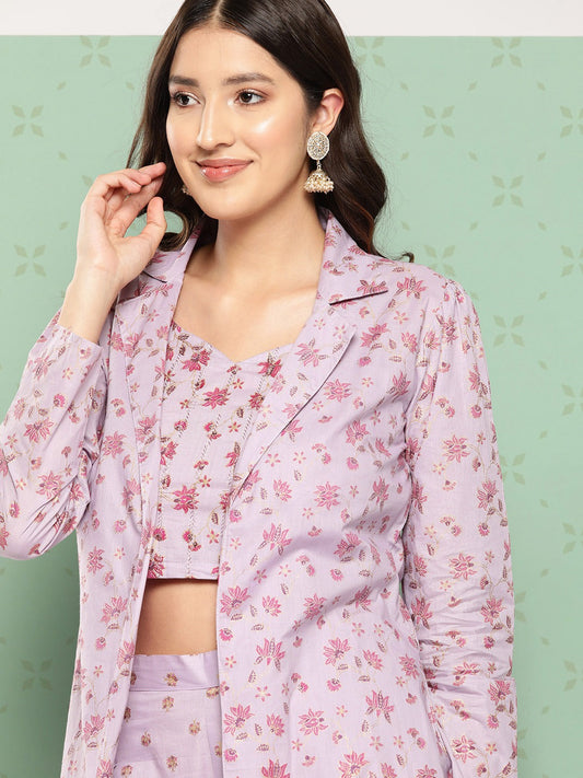 Yufta Women Printed Cotton Top with Trousers with Shrug - Swadesiicart