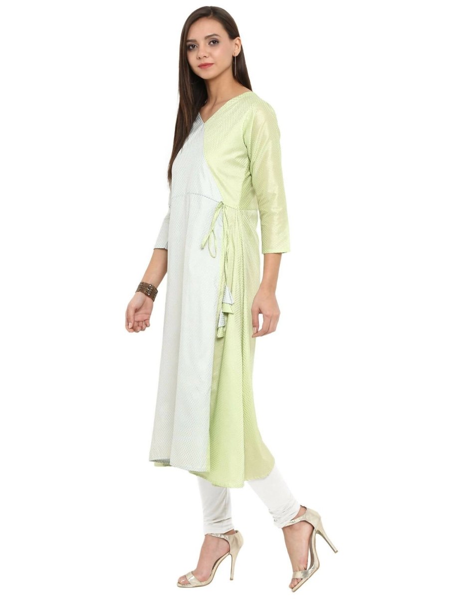 Ahalyaa Women Lime Green & Off-White Printed A-Line Kurta | Swadesiicart