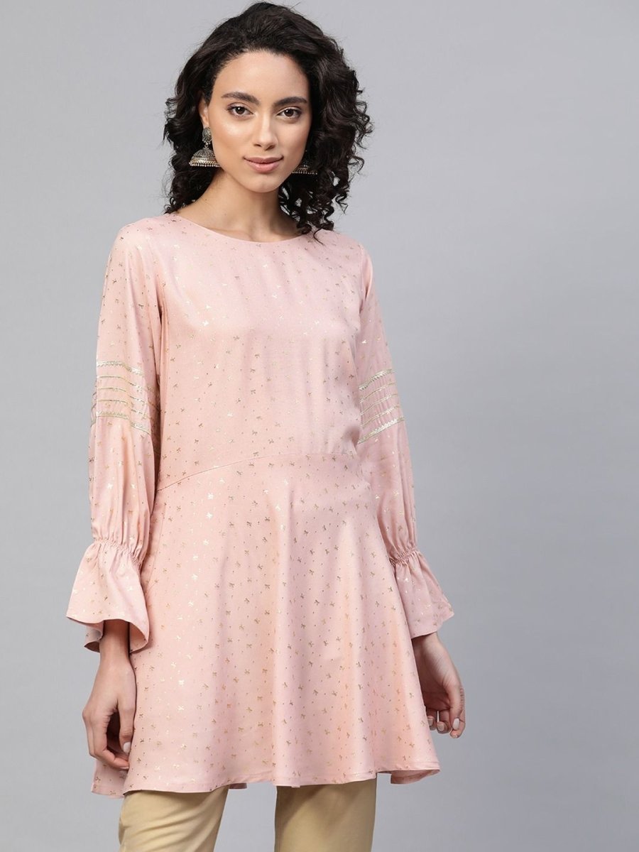 Ahalyaa Women Pink Rayon Golden Ethnic Print Tunic | Swadesiicart