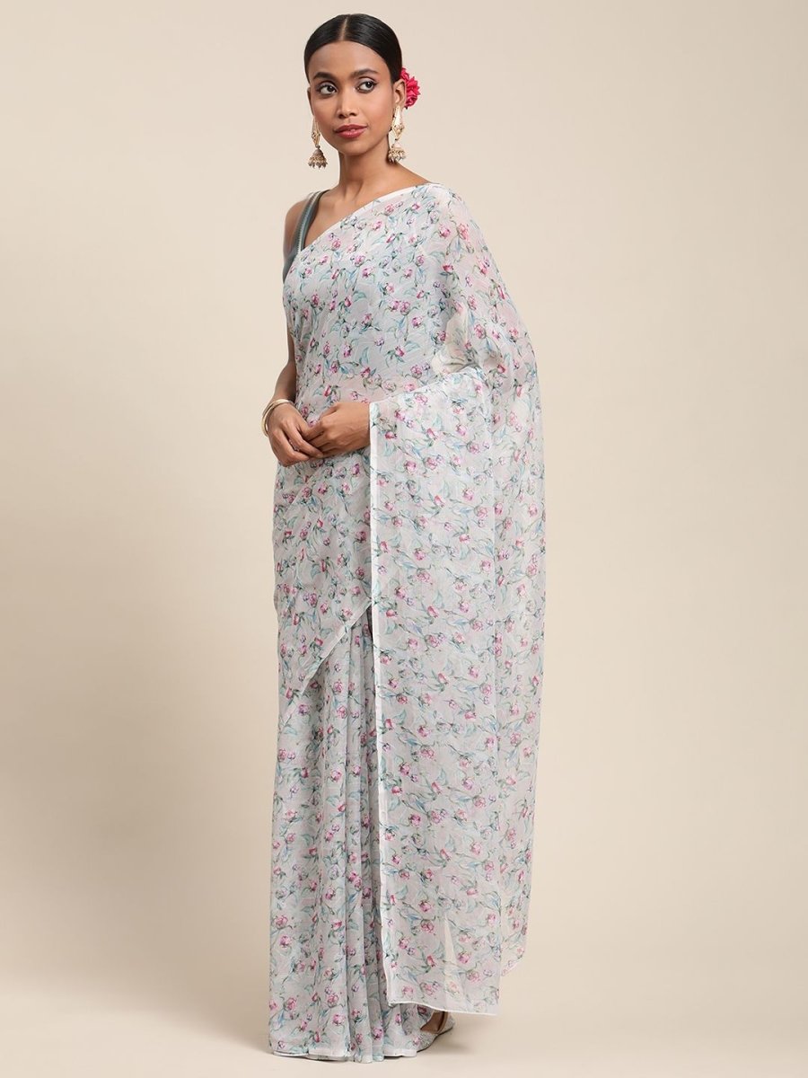 Ahalyaa Women's Grey Chiffon Digital Print Floral Saree | Swadesiicart