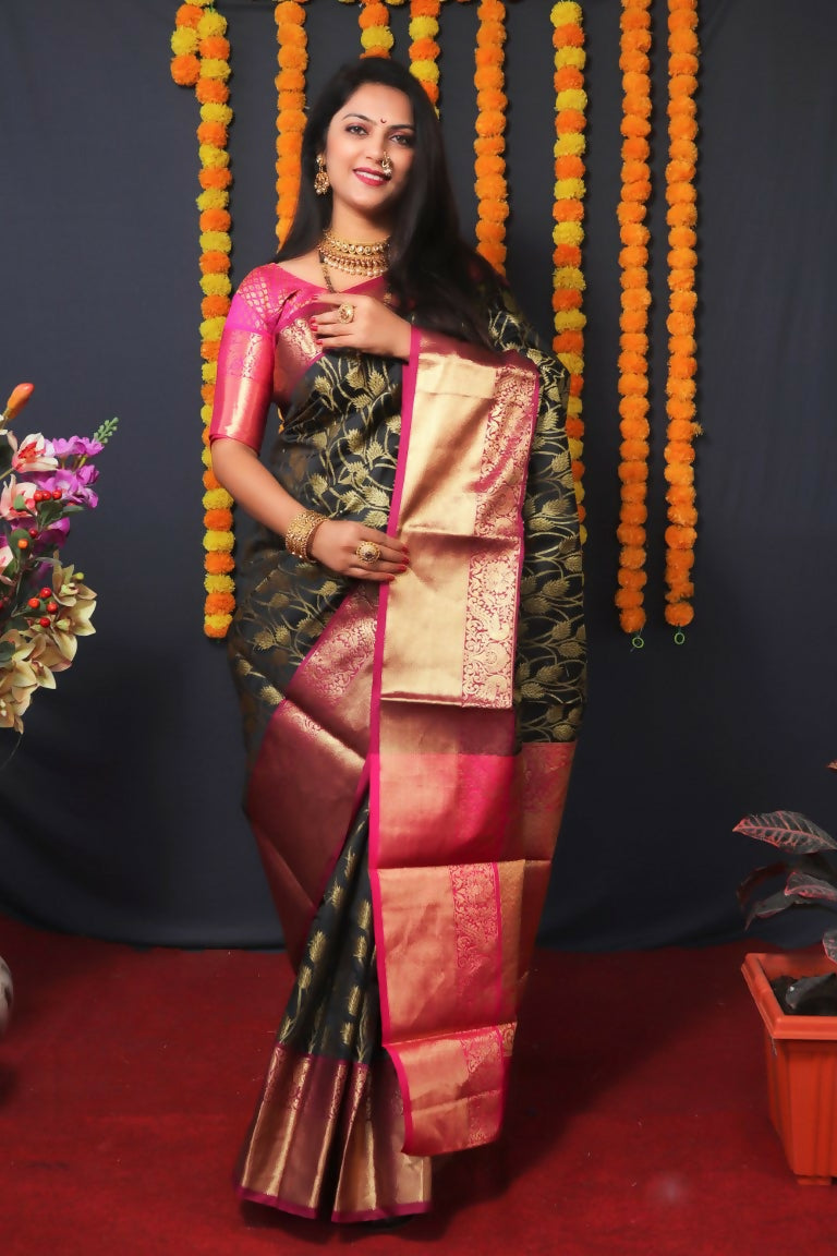 Jyoti Fashion Women's Black Kanjivaram Silk Zari Woven Saree with Blouse | Swadesiicart