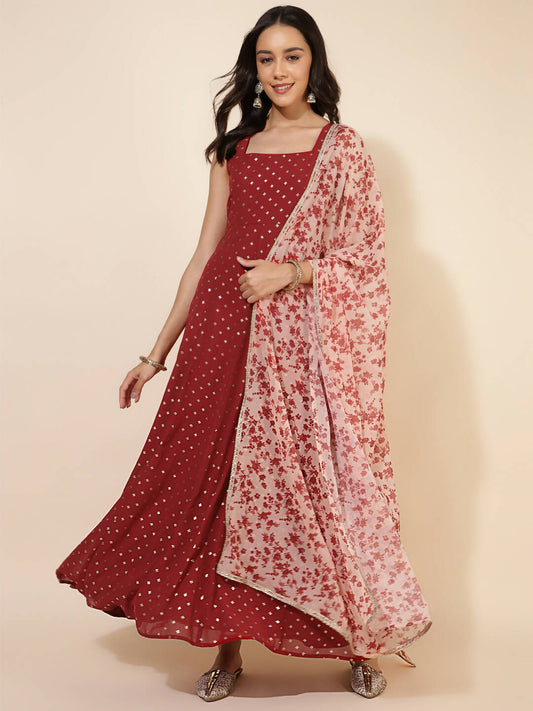 Janasya Women's Red Georgette Foil Printed Festive Anarkali Kurta Set | Swadesiicart