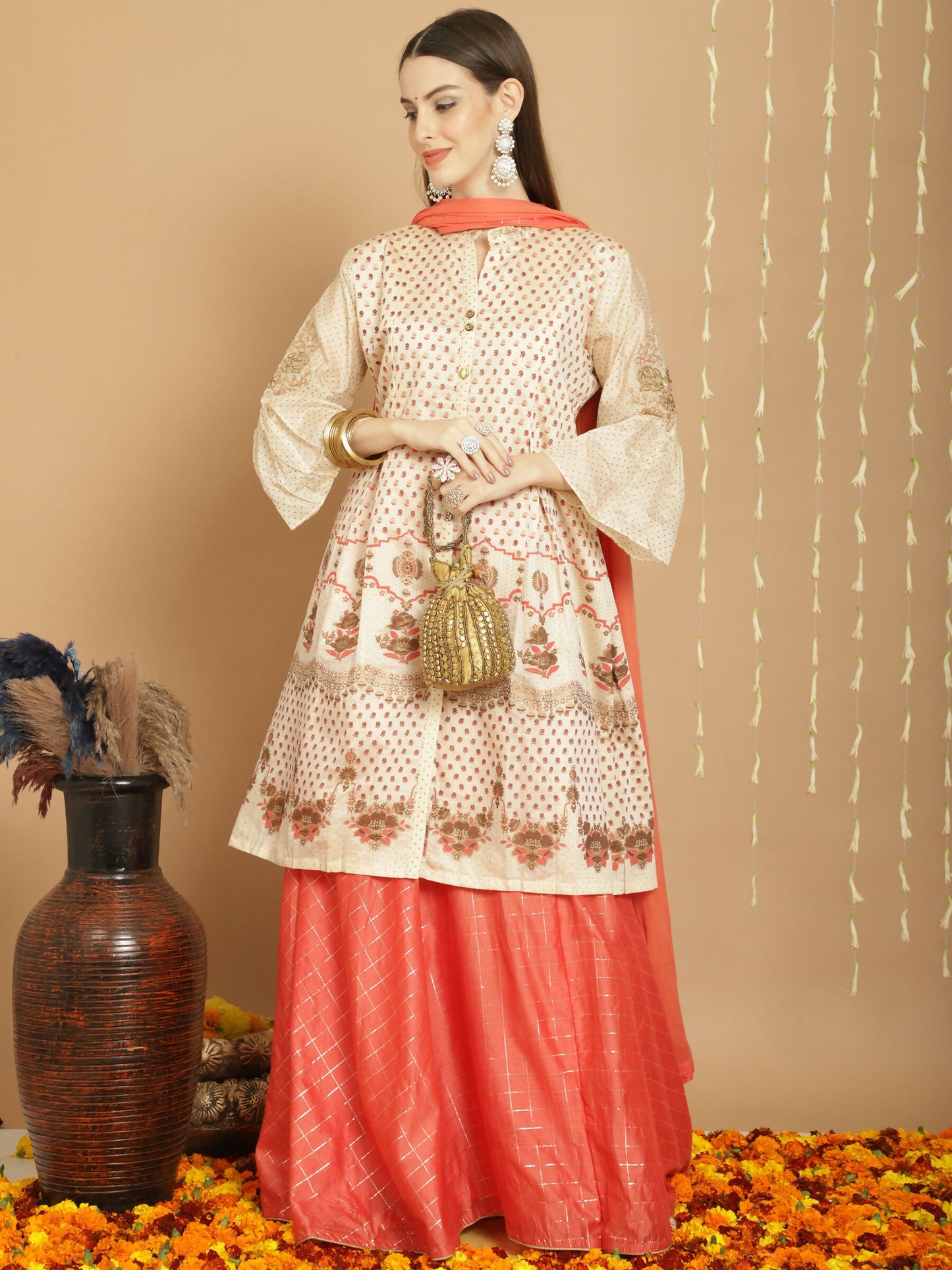 Jyoti Fashion Women's Cream Chanderi Silk Elegant Jardoshi Semi Kurta with Trouser & Dupatta | Swadesiicart