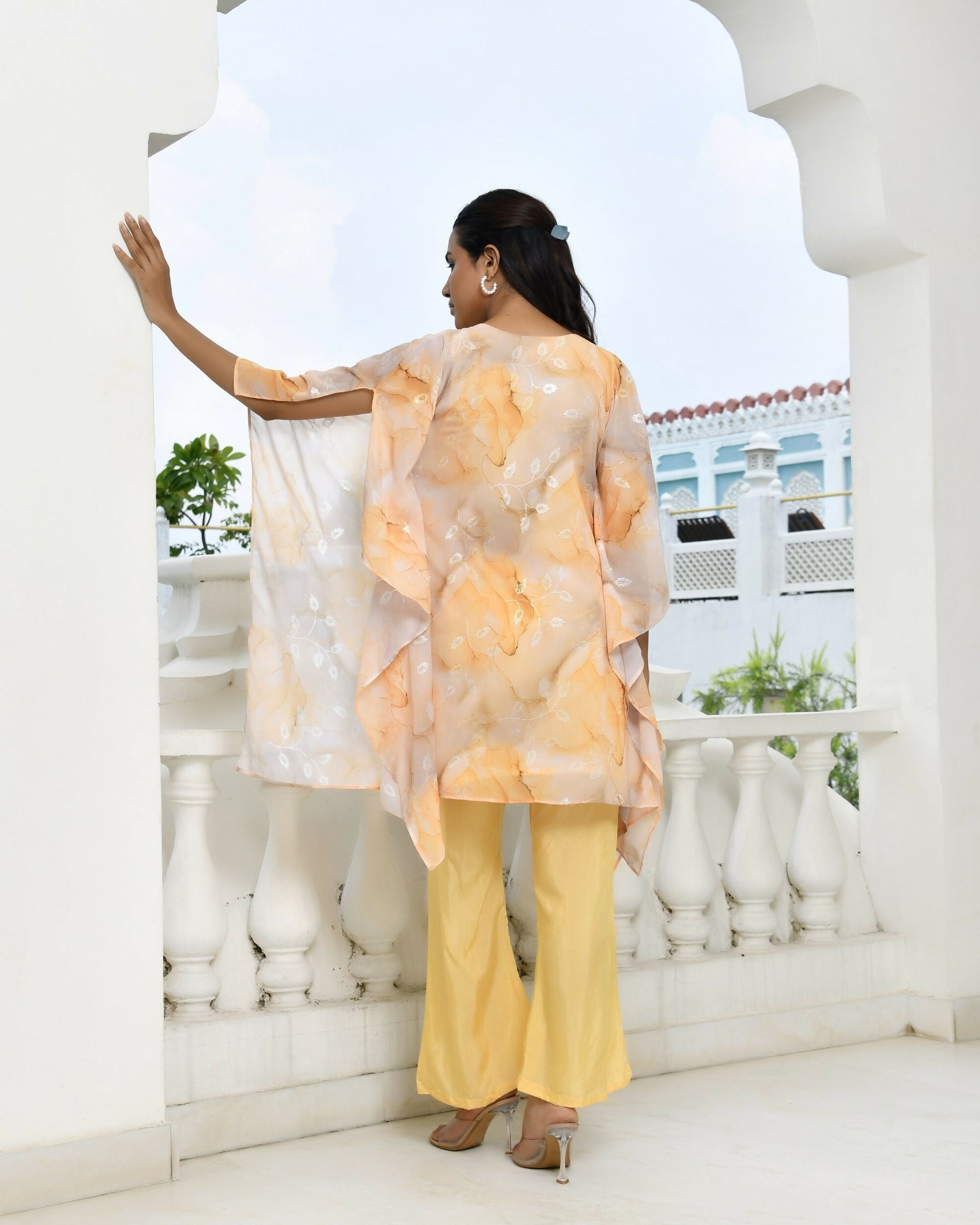 Vaasva Women's Lemon Georgette Marble Print Kaftan Pant Set | Swadesiicart