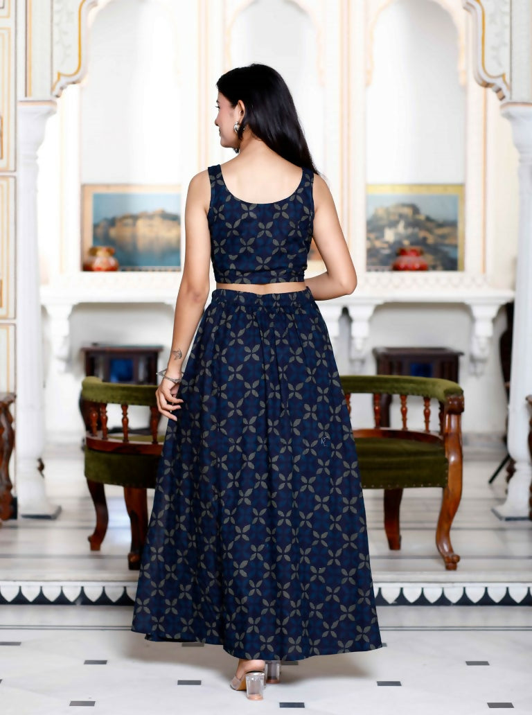 Miravan Women's Blue Abstract Print Crop Top And Side Slit A-Line Skirt Co-Ord Set - Swadesiicart