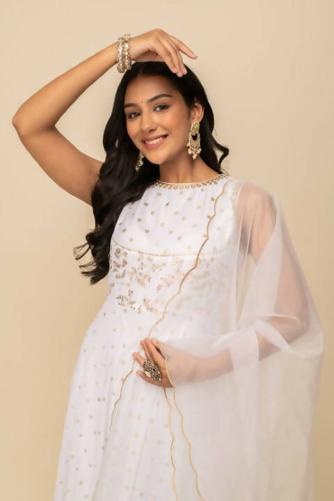FIORRA Women's White Georgette Anarkali Kurta With Dupatta - Swadesiicart