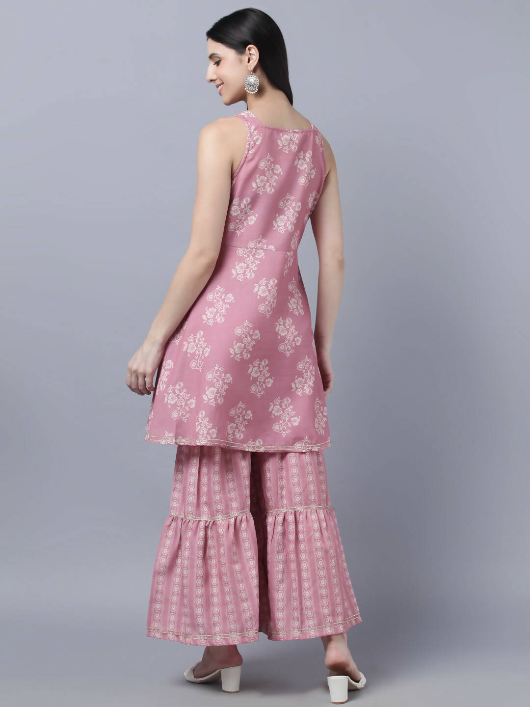 Myshka Women Peach-Coloured White Floral Printed Kurta with Sharara With Dupatta Set | Swadesiicart