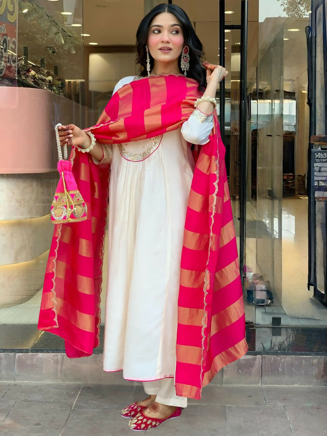 The52 White Women's Gorgeous Embroidered Work Chanderi Fabric Flared Kurta Pant and Dupatta Set - Swadesiicart
