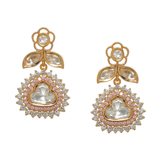 Kundan and Diamond with Pink Stones Dangler Earrings (Gold) - Ruby Raang - Swadesiicart